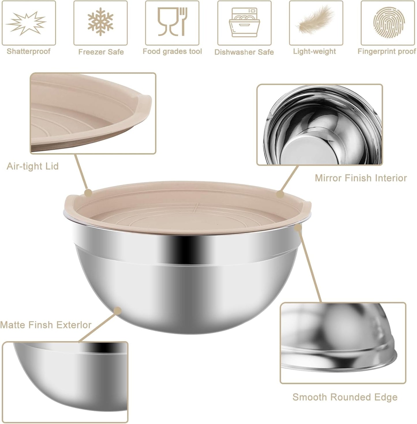 Mixing Bowls Set, 27PCS Khaki Mixing Bowls With Lids Set Stainless Steel Kitchen Large Nesting Metal Bowl 7QT to 1.5QT, Measuring Cups and Spoons for Prepping Cooking Serving