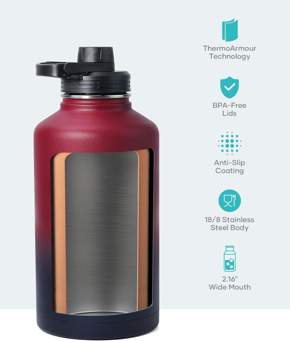BUZIO 64 oz Water Bottle Insulated with Straw & 3 lid and Carrying Pouch, Leak Proof Half Gallon Stainless Steel Water Flask Jug, Cold for 48 Hrs Double Vacuum Thermo Canteen, BPA-Free, Ruby Red Navy