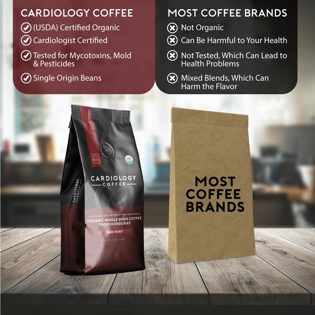 Cardiology Coffee – Whole Bean Coffee – USDA Certified Mold-Free 12oz Premium Dark Roast Coffee Beans - Organic Espresso Beans with Antioxidant Benefits – Perfect for Heart Healthy Lifestyle