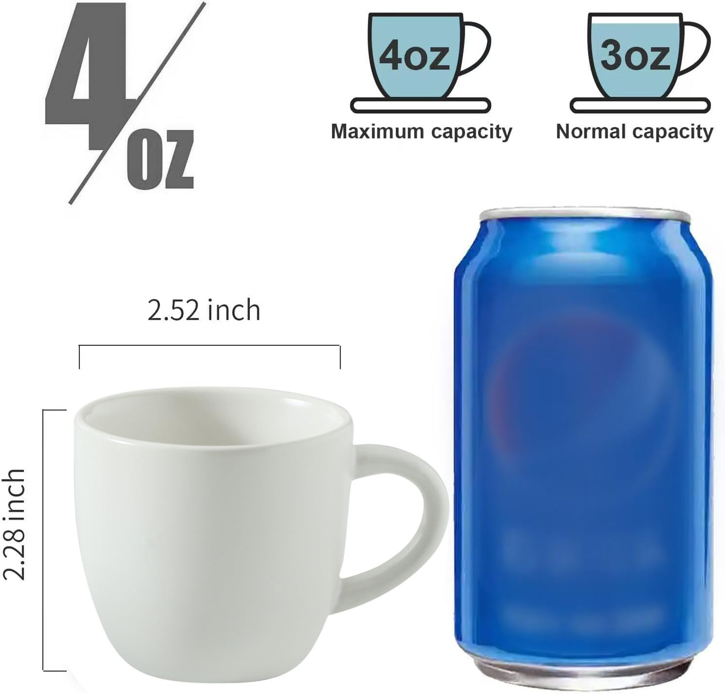 Hasense 3 Ounce Espresso Cups and Saucers Set of 6, Demitasse Cups with Handle for Coffee Drinks, Latte, Cappuccino, Cafe Mocha and Tea, Porcelain Coffee Cups for Coffee Bar Home and Party, White