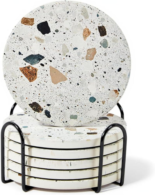 Absorbent Coaster Set of 6 with Holder, Drink Coasters for Coffee Table, Kitchen, Home Decor, Cute Ceramic Round Coasters, Alternative to Silicone, Cork or Glass Coaster (Granite with Black Holder)