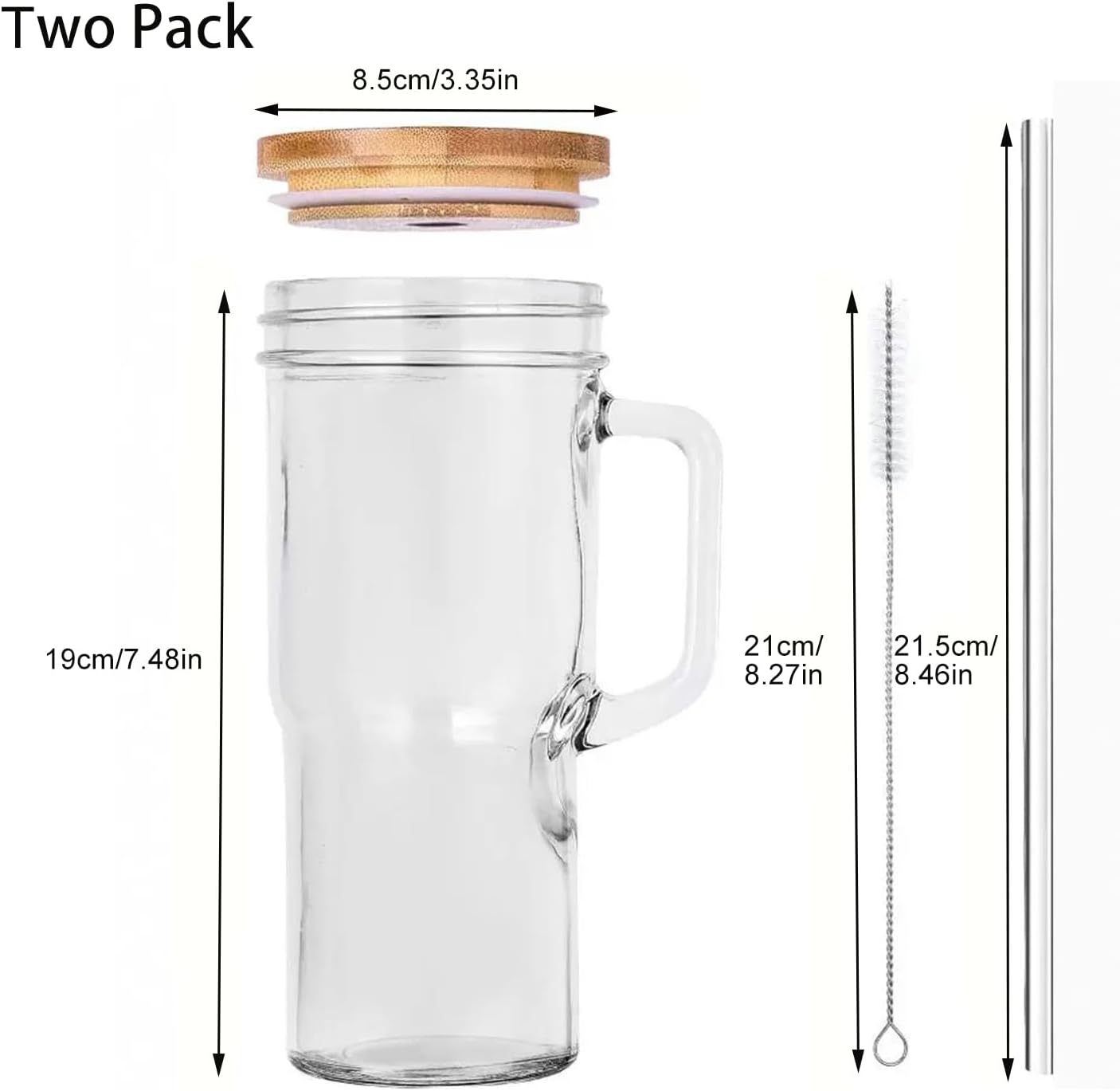 24oz Mason Jar Cups with Handle, Clear Glass Tumbler with Bamboo Lid and Straw, 2 Pack Glass Iced Coffee Cup with Lids, Cold Drinking Glasses for Iced Coffee, Juice, Bubble Tea,cola