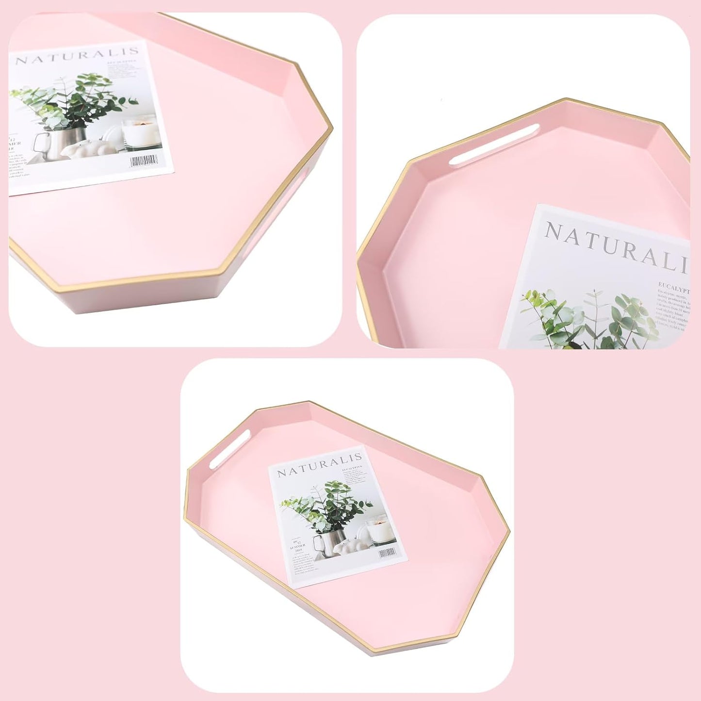 Pink Decorative Tray with Handles, Versatile Serving Tray for Coffee Table, Ottoman, Ideal for Serving, Displaying, Organizing, 15.7"*10.2"*1.57"