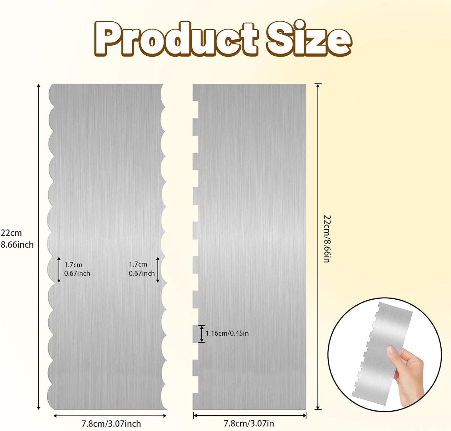 2 Pieces 8.7 Inche Stainless Steel Cake Scraper，Double Sided Patterned Edge Stripe Edge Smoother Scraper Cake Decorating，Cake Decorating Comb Cake Scraper (2, 2)