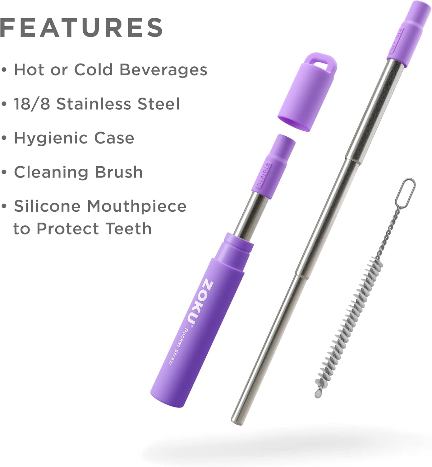 ZOKU Reusable Metal Straw with Case for Travel, Purple - Collapsible Stainless Steel Drinking Straw with Silicone Tip and Cleaner Brush, Ideal for Key Chains, Pockets, Purses