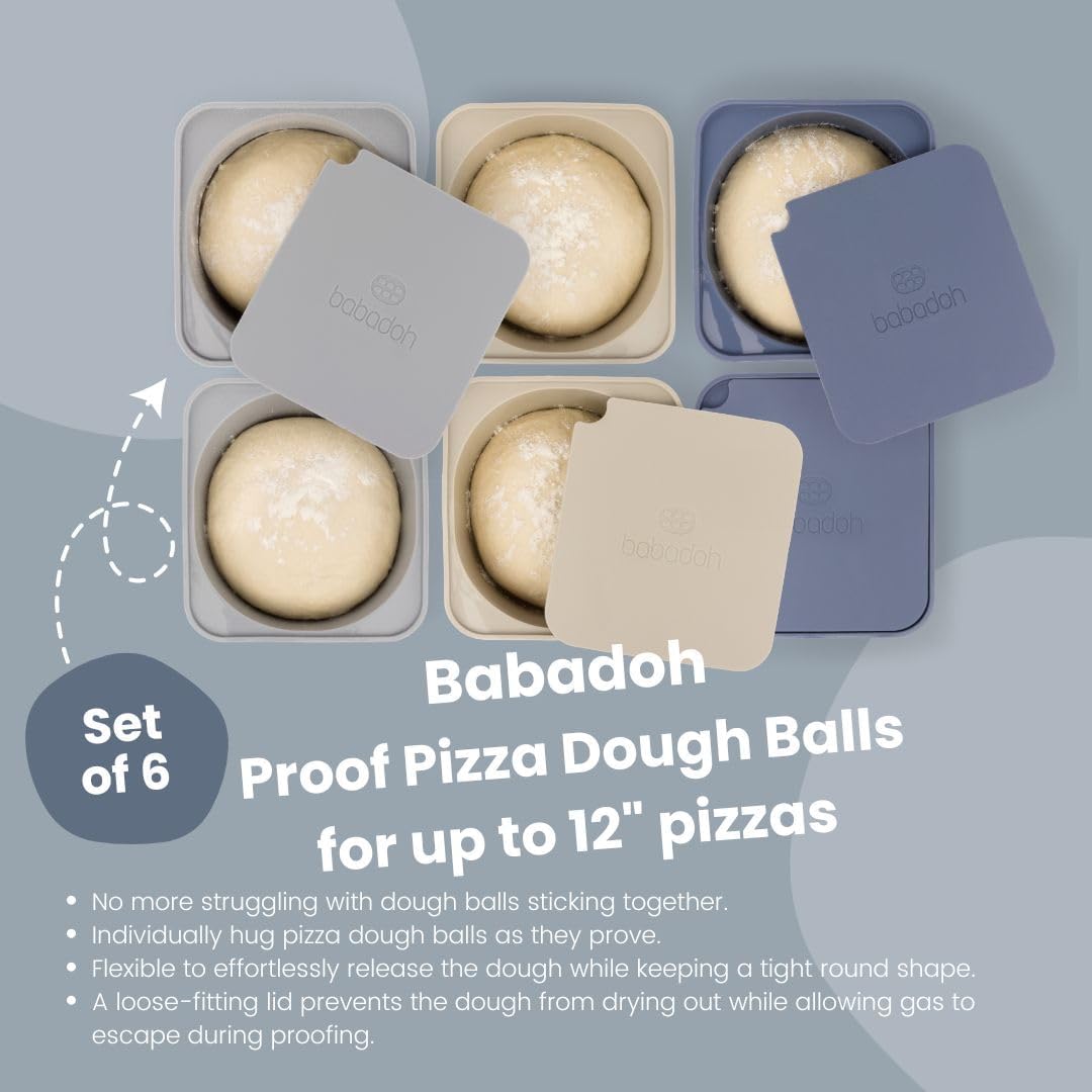 Babadoh Pizza Dough Proofing Silicone Containers with Lids | Pizza Making Accessories | Set of 6 | Multi Blue (2 Dough, 2 Smoke, 2 Steel) | Original Size (make 12" Pizzas)
