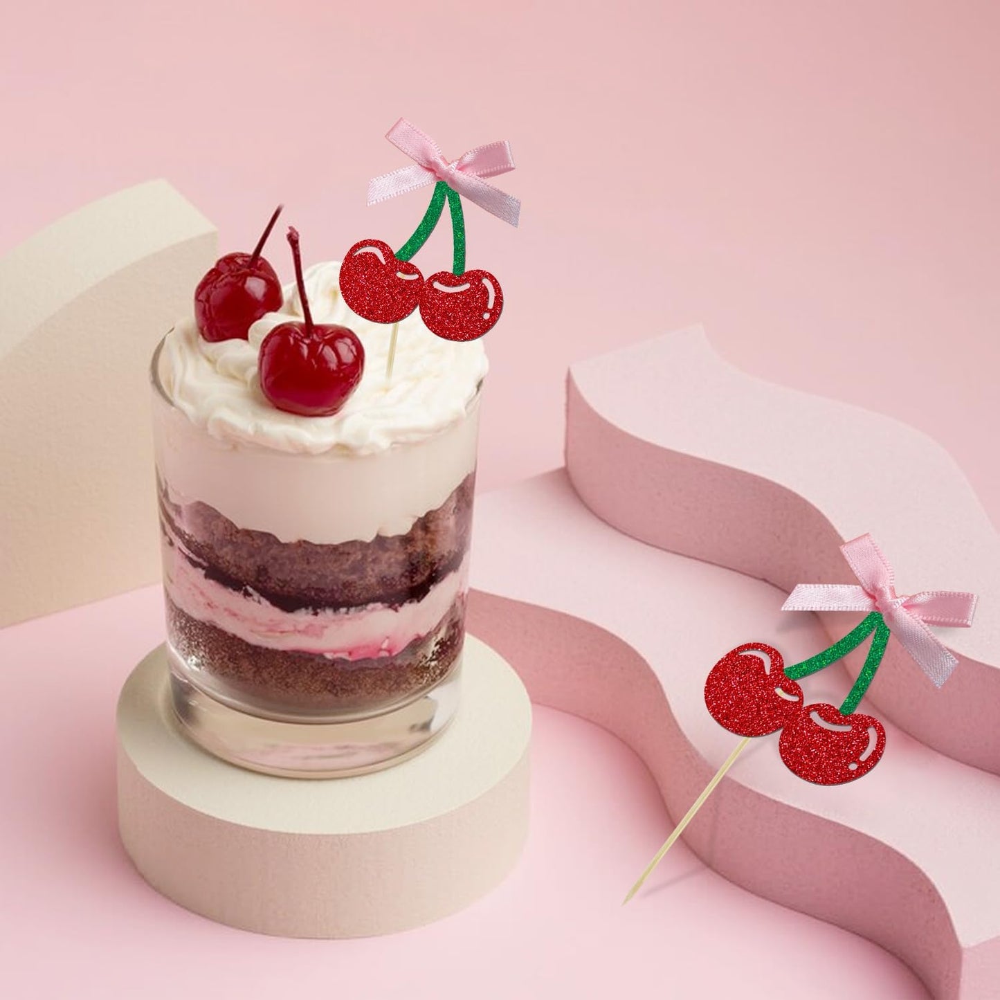 24 Pack Cherry Cupcake Toppers, Glitter Sweet Cherry Cupcake Pick for Fruits Theme Baby Shower and Birthday Decorations Supplies