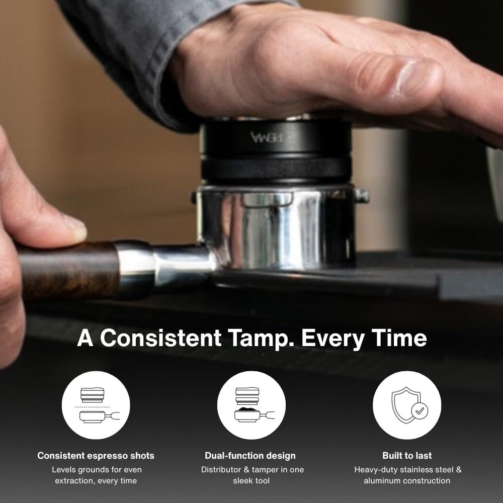 Crema Coffee Products 58mm Hand Tamper & Coffee Distributor | Compatible with Flair Pro and Pro 2 Portafilter | Double-Sided, Adjustable Depth Tool | Made with Durable 304 Stainless Steel | Silver