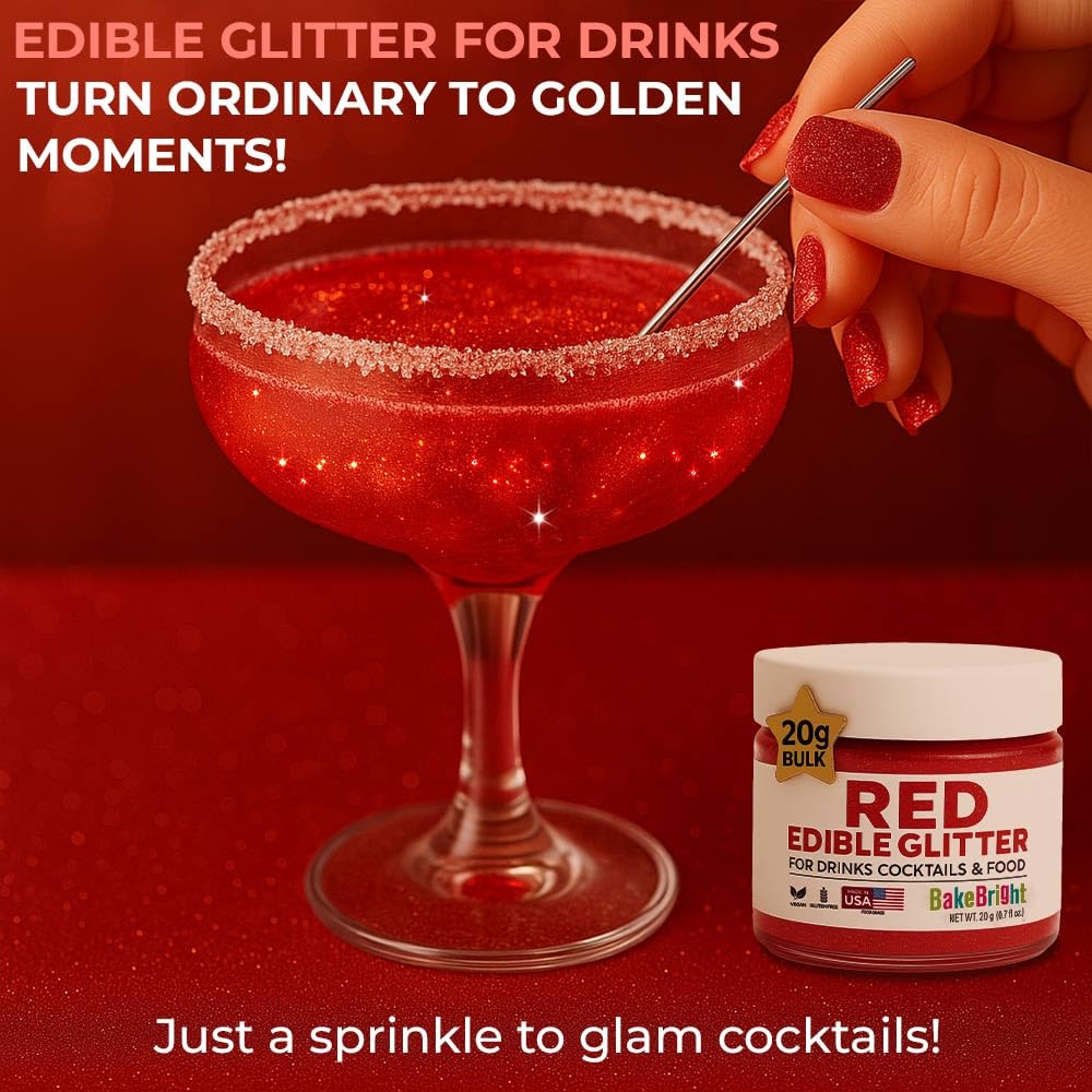 Bulk 20g Red Edible Glitter for Drinks | Premium Edible Glitter for Cakes, Cocktails, Red Cake Decorating Decorations Food Grade, Vegan, Kosher, Halal, Gluten Free - Made in USA