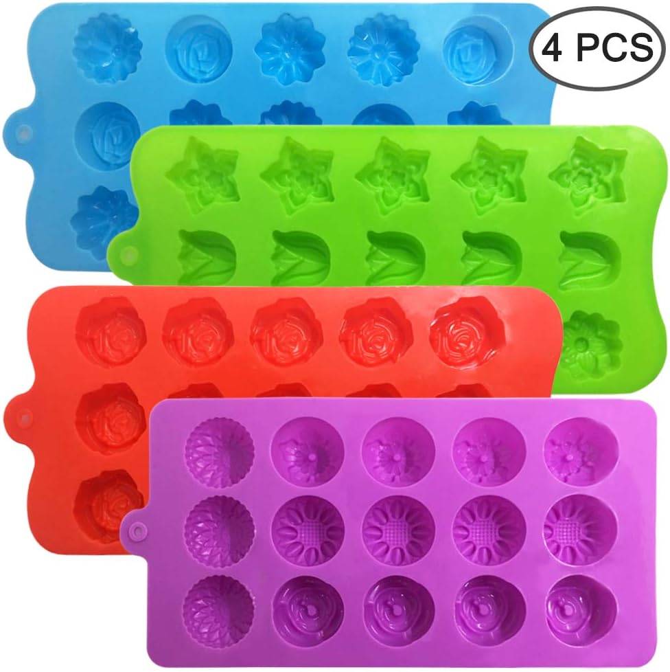 4 PACK Flower Shape Chocolate Candy Molds Set,DanziX Silicone 15 Cavity Baking Mold Ice Cube Tray for Wedding,Festival,Parties and DIY Crafts-Green,Blue,Red and Purple