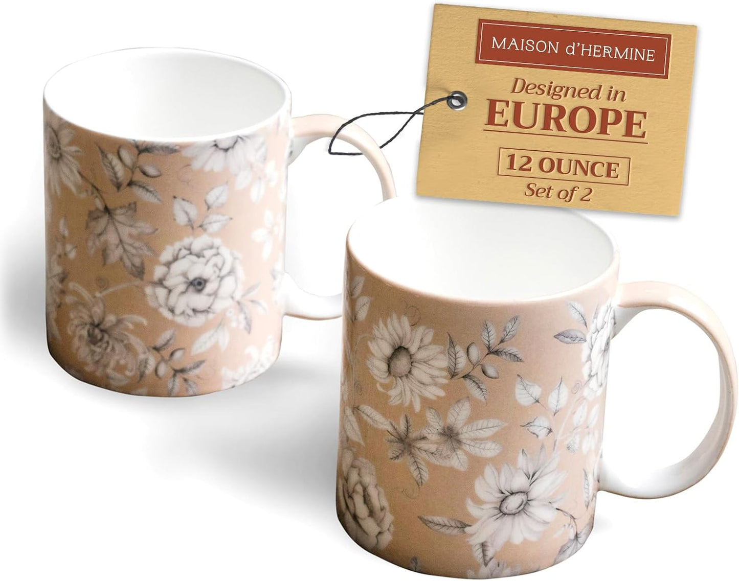 Maison d' Hermine Coffee Mug with Handles Fine Bone China Mugs Pack of Two Tea Cups for Hot Beverages Cappuccino Latte Home Restaurant Office Perfect for Gift (Pretty Autumn, 12 Ounce)
