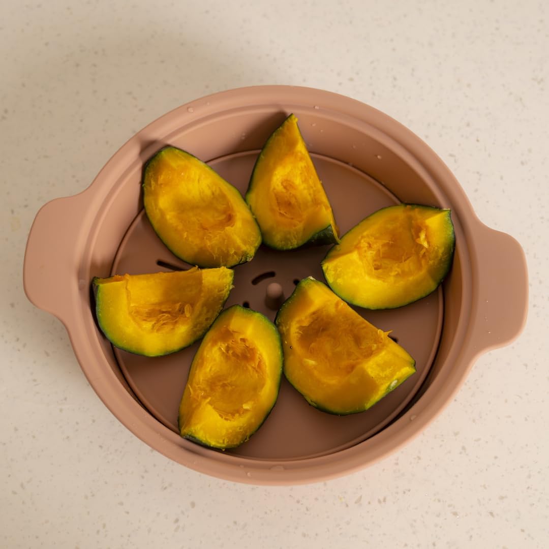 Microwave Silicone Steamer for Baby Food, Made In Korea, Oven & Dishwasher Safe to 482°F, Easy Clean, Microwave Pot with Handle & Lid, 100% Food Grade Steamer Bowl (Creme Brulee, 29oz (850ml) with basket)