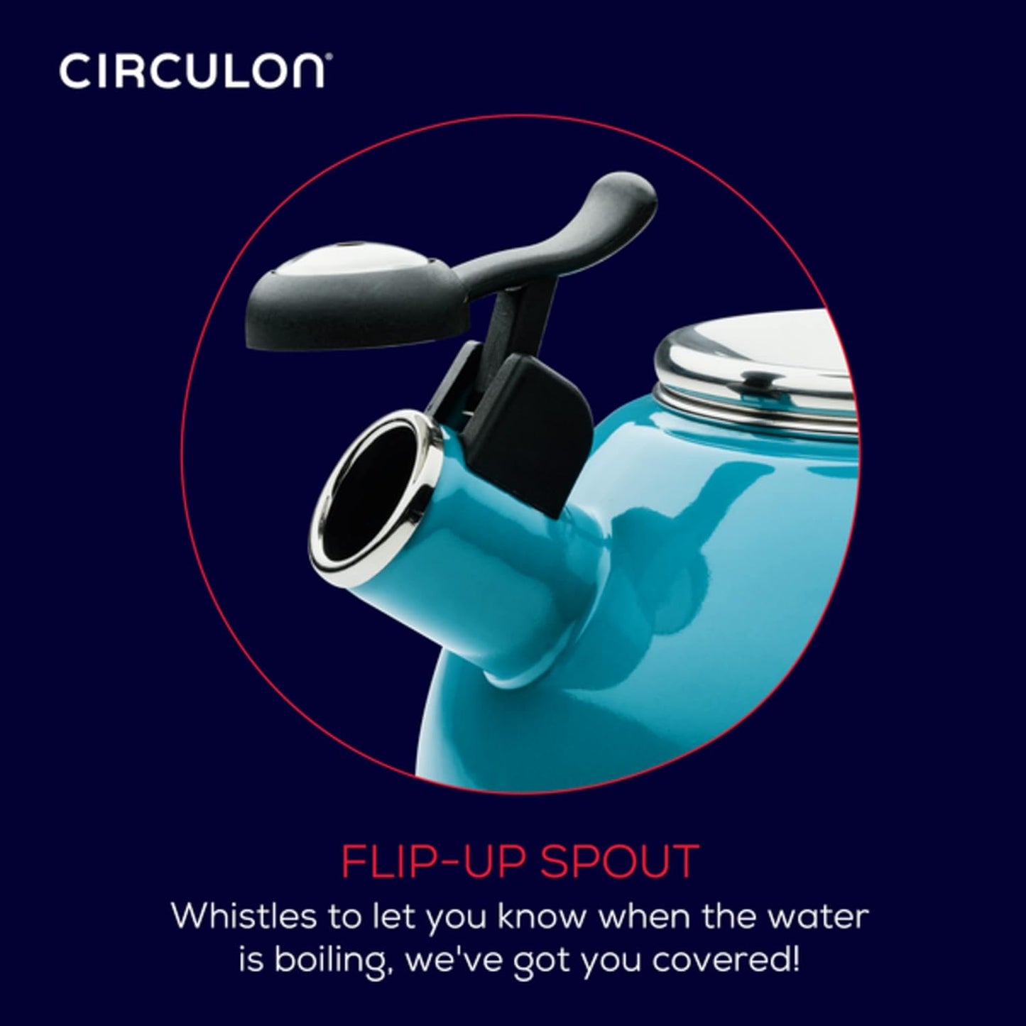 Circulon Enamel on Steel Whistling Teakettle/Teapot With Flip-Up Spout, 2 Quart - Turquoise Blue