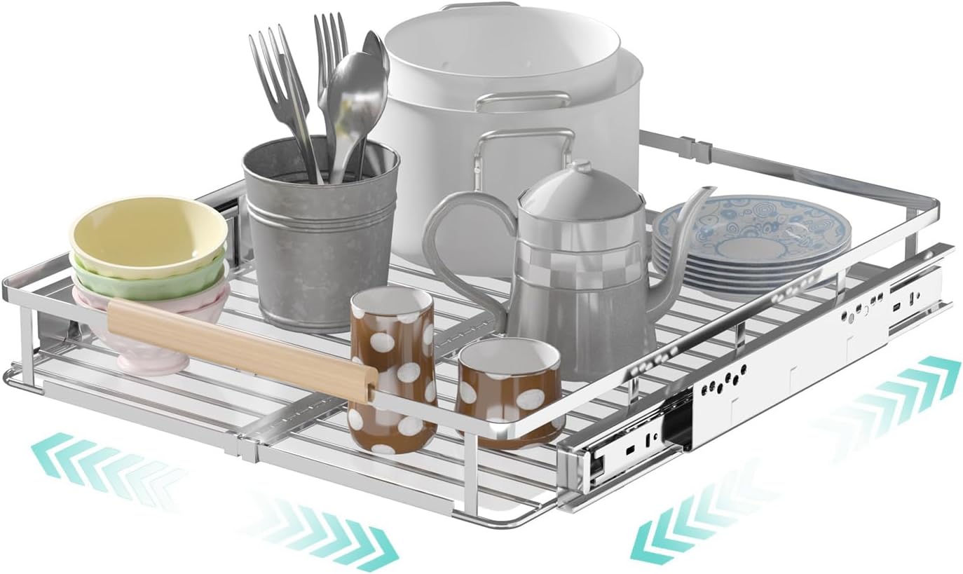 Expandable Pull Out Cabinet Organizer, Adjustable Width:12.3~18.5''W x 22.5''D Under Sink Organizer, Drawer Storage Shelves for Kitchen, Bathroom, Closet, Pantry, Cupboard, Pots, Pans