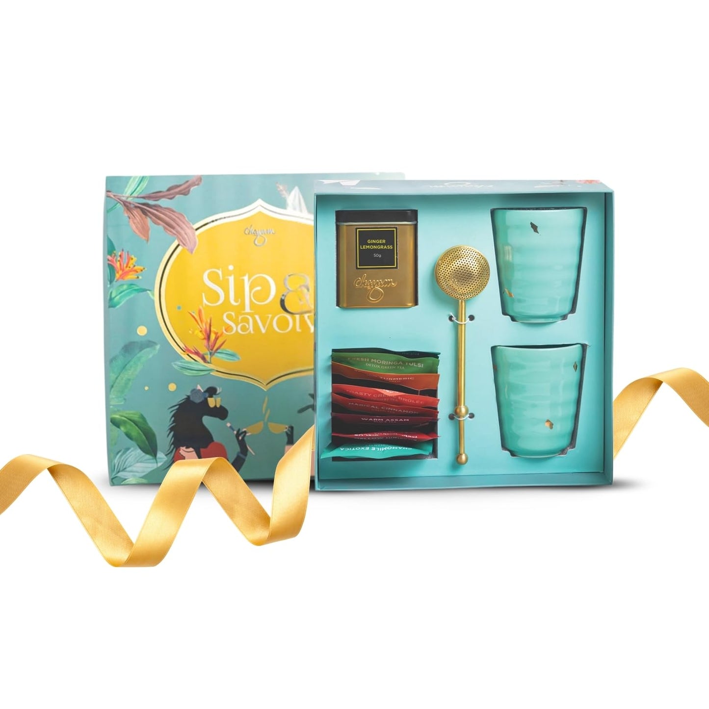 CHAYAM Tea Lover's Luxury Gift Basket with Cups & Infuser | 10 Assorted Tea Bags, Ginger Lemongrass Herbal Loose Leaf 50g/1.76oz, 2 Mugs & Lead-Free Premium Brass Infuser | Self-Care Gifts for Mom and Her