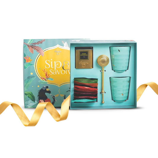 CHAYAM Tea Lover's Luxury Gift Basket with Cups & Infuser | 10 Assorted Tea Bags, Ginger Lemongrass Herbal Loose Leaf 50g/1.76oz, 2 Mugs & Lead-Free Premium Brass Infuser | Self-Care Gifts for Mom and Her