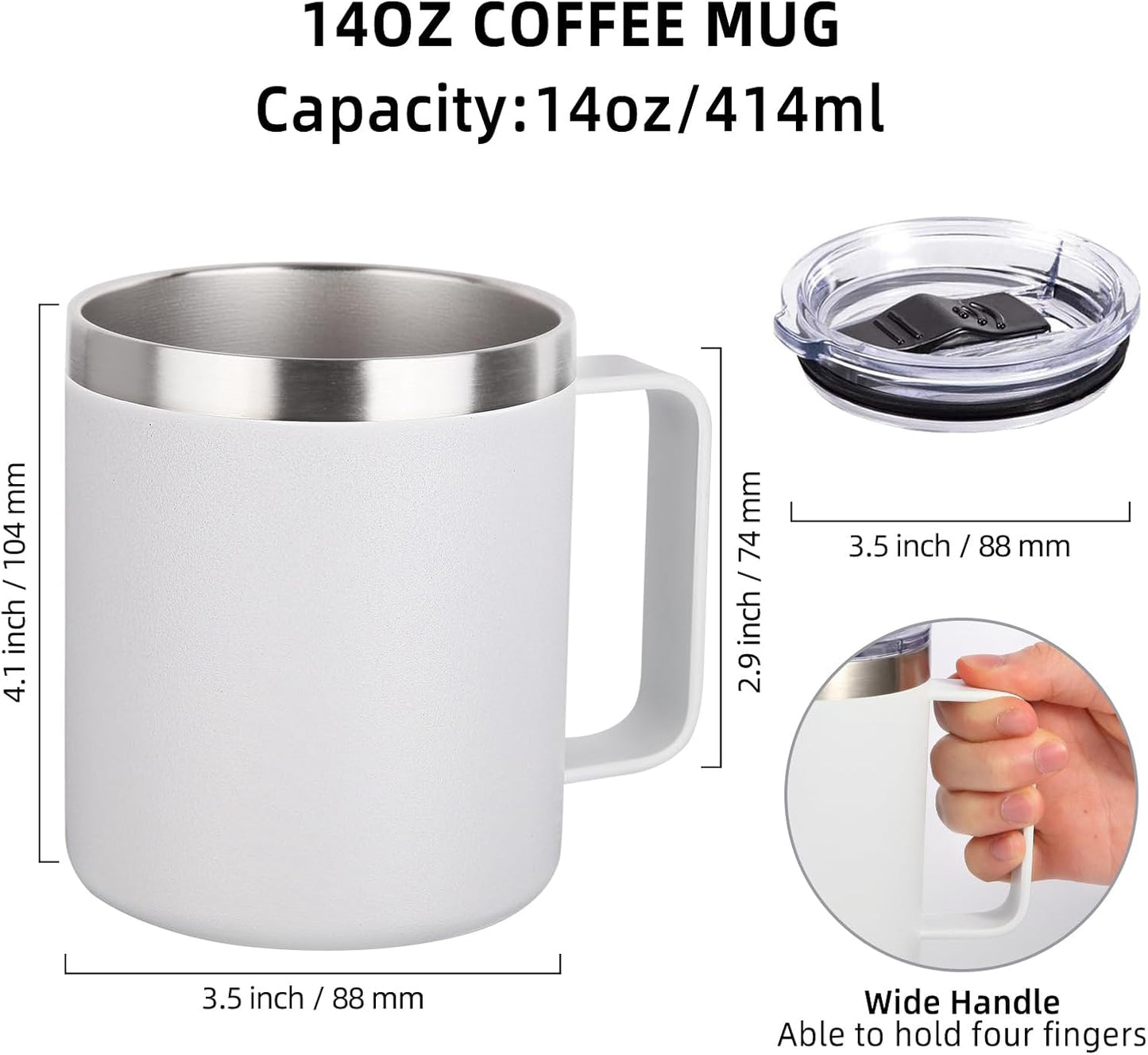 Volhoply 14oz Insulated Stainless Steel Coffee Mug with Lid Bulk 8 Pack,Not Suitable for Sublimation,Double Wall Vacuum Travel Coffee Cup with Handle, Reusable Metal Camping Mugs Keep Cold(White,8)