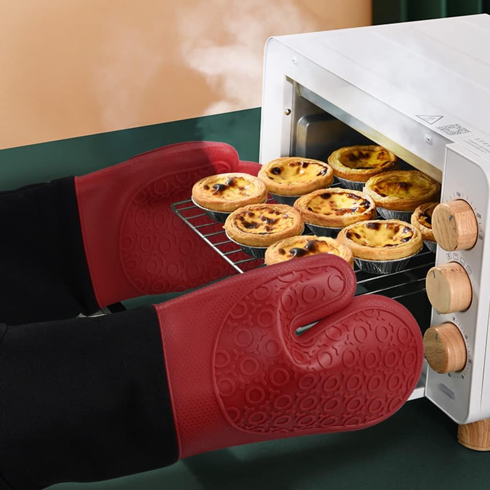 sungwoo Extra Long Silicone Oven Mitts, Heat Resistant Oven Gloves with Quilted Liner Non-Slip Textured Grip Perfect for BBQ, Baking, Cooking and Grilling - 1 Pair 14.6 Inch Red & Black