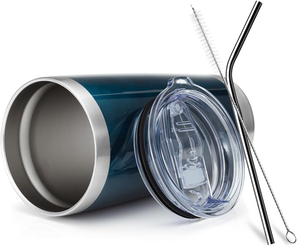 COMOOO 20oz Double Wall Vacuum Insulated Travel Mug Bulk Stainless Steel Tumbler with Lid and Straw Durable Powder Coated Insulated Coffee Cup for Cold & Hot Drinks (Peacock blue, 12 pack