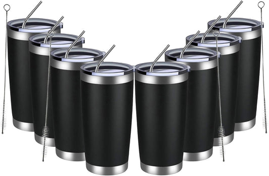 MEWAY 20oz Tumbler 8 Pack Double Wall Vacuum Insulated Travel Mug Bulk, Stainless Steel Tumblers with Lid and Straw, Durable Powder Coated Coffee Cups for Cold & Hot Drinks (Black, 8)