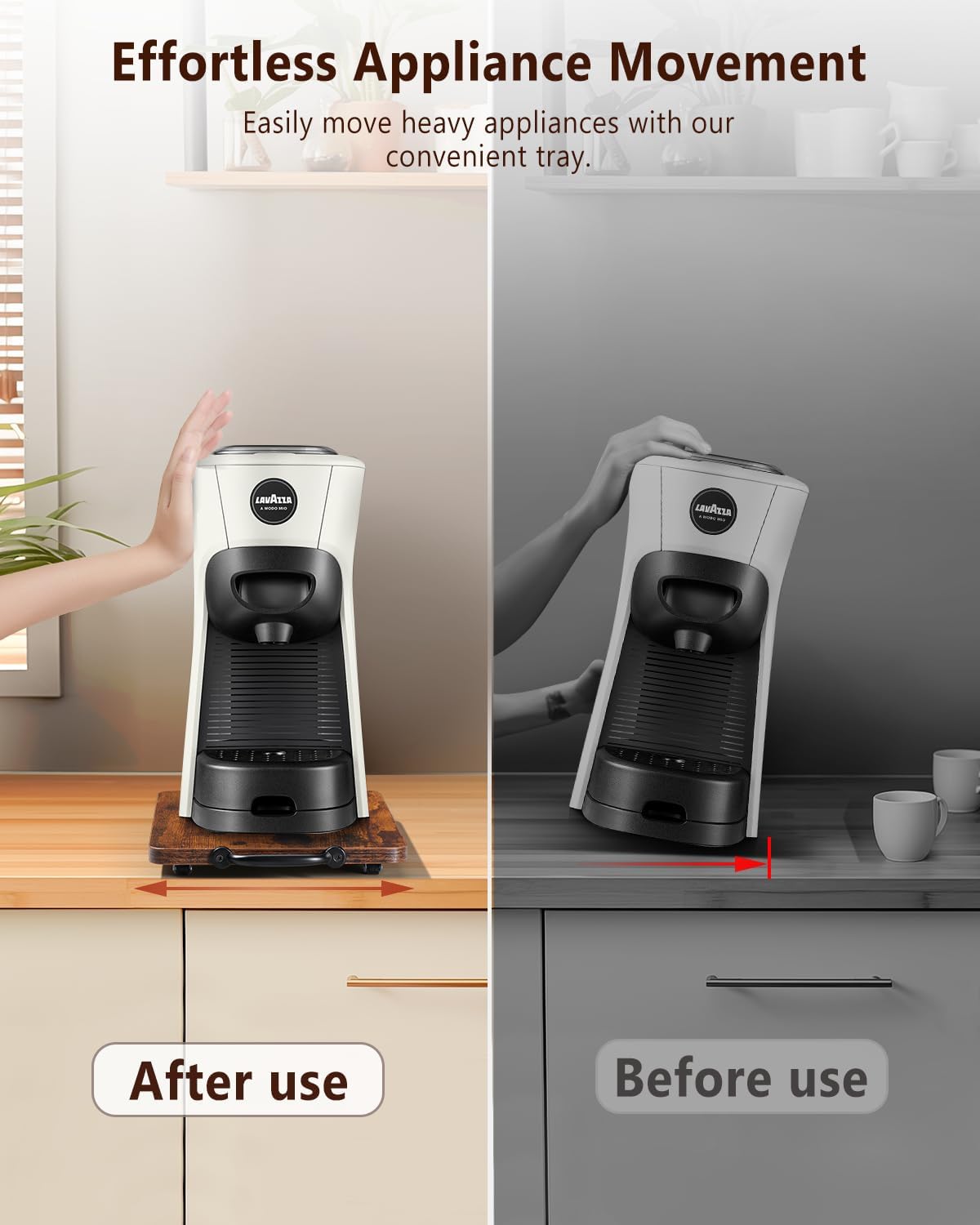 Appliance Slider, Sliding Tray for Coffee Maker, Coffee Pot Slider for Countertop, Kitchen Appliance Rolling Tray with Rubber Wheels (Rustic Brown, Medium - Long (9.5” X 13”))