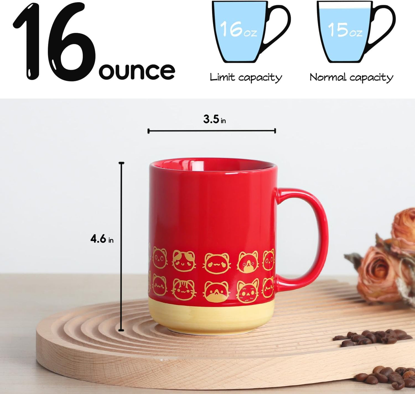 Cat coffee mug-16oz Ceramic Coffee Mugs for Women and Men-Cat gifts for cat lovers-Cute Coffee and Tea Mug-Red