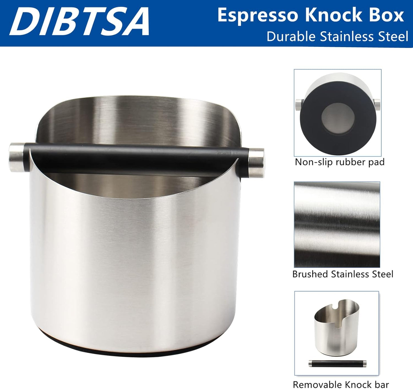 Coffee Knock Box, Espresso Knock Box Stainless Steel Espresso Machine Accessories with Removable Knock Bar and Non-Slip Base Coffee Grounds Container Bin, Large (Silver)