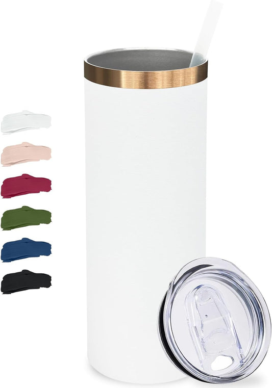20 oz Skinny Tumblers Bulk, Stainless Steel Insulated Tumbler with Lids and Straws, Slim Double Wall Powder Coated Travel Coffee Mugs, Reusable Cup for Hot and Cold Drinks (White,1 pack)