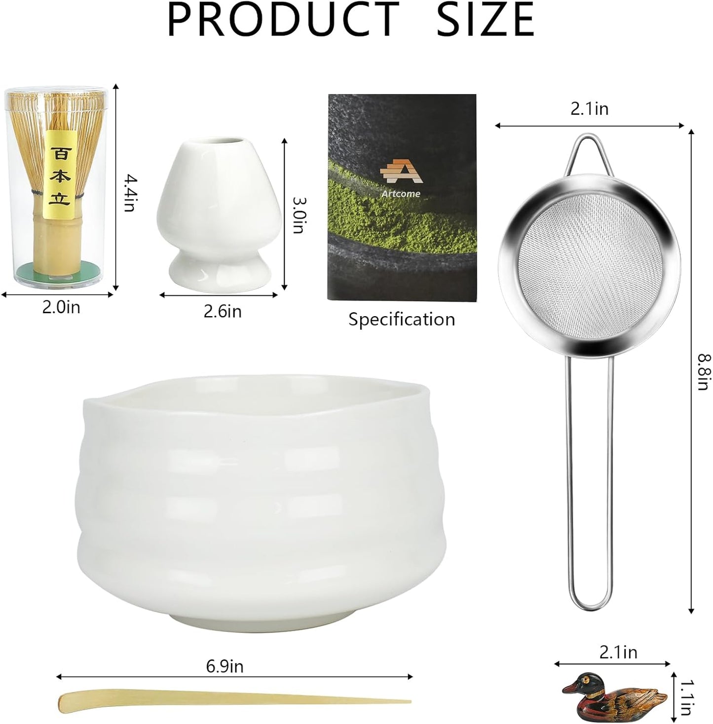 Artcome Matcha Ceremony Kit for Japanese Tea Ceremony, Traditional Matcha Bowl, Whisk, Tea Scoop, Matcha Powder Strainer, Matcha Tea Set For Making Usucha, Koicha and Matcha Latte (White)