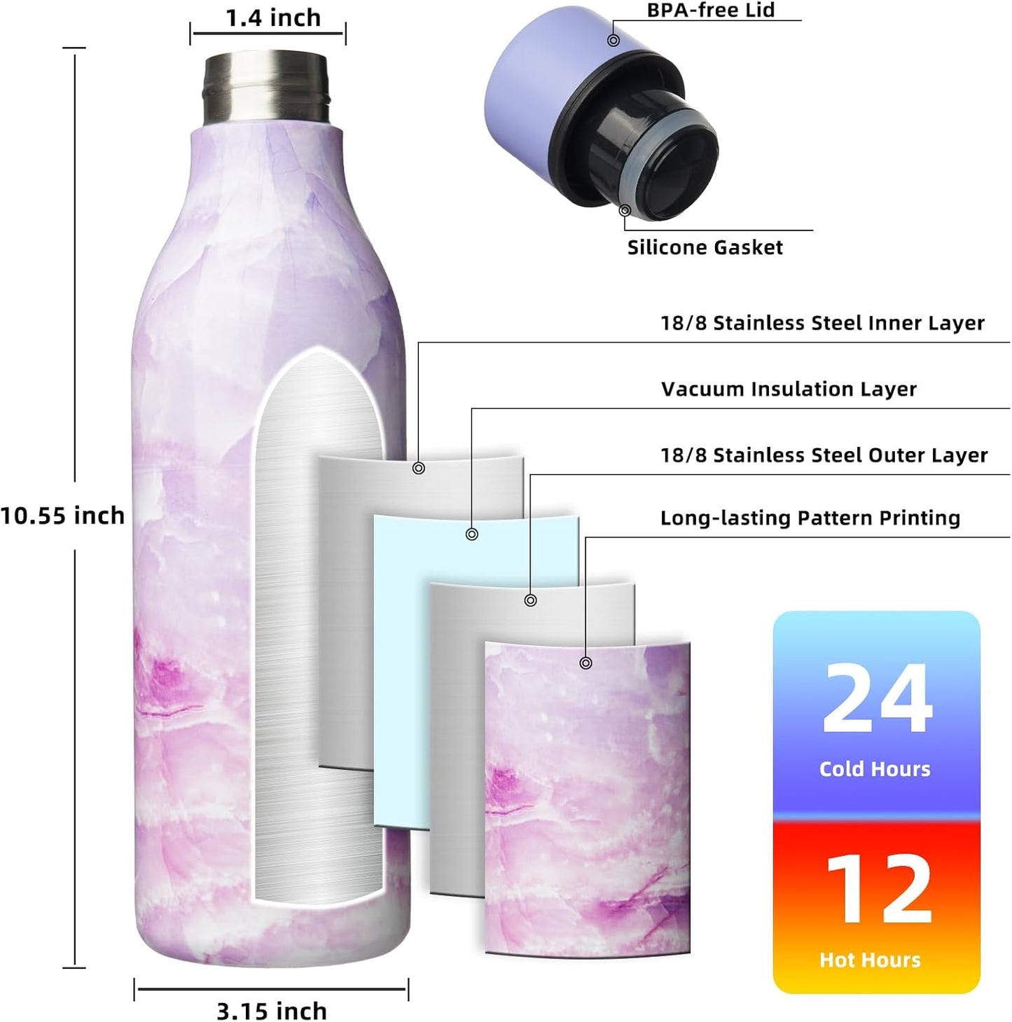 BJPKPK Insulated Water Bottles, 25 oz Stainless Steel Metal Water Bottle with Strap, BPA Free Leak Proof Thermos, Mugs, Flasks, Reusable Water Bottle for Sports & Travel, Dawn