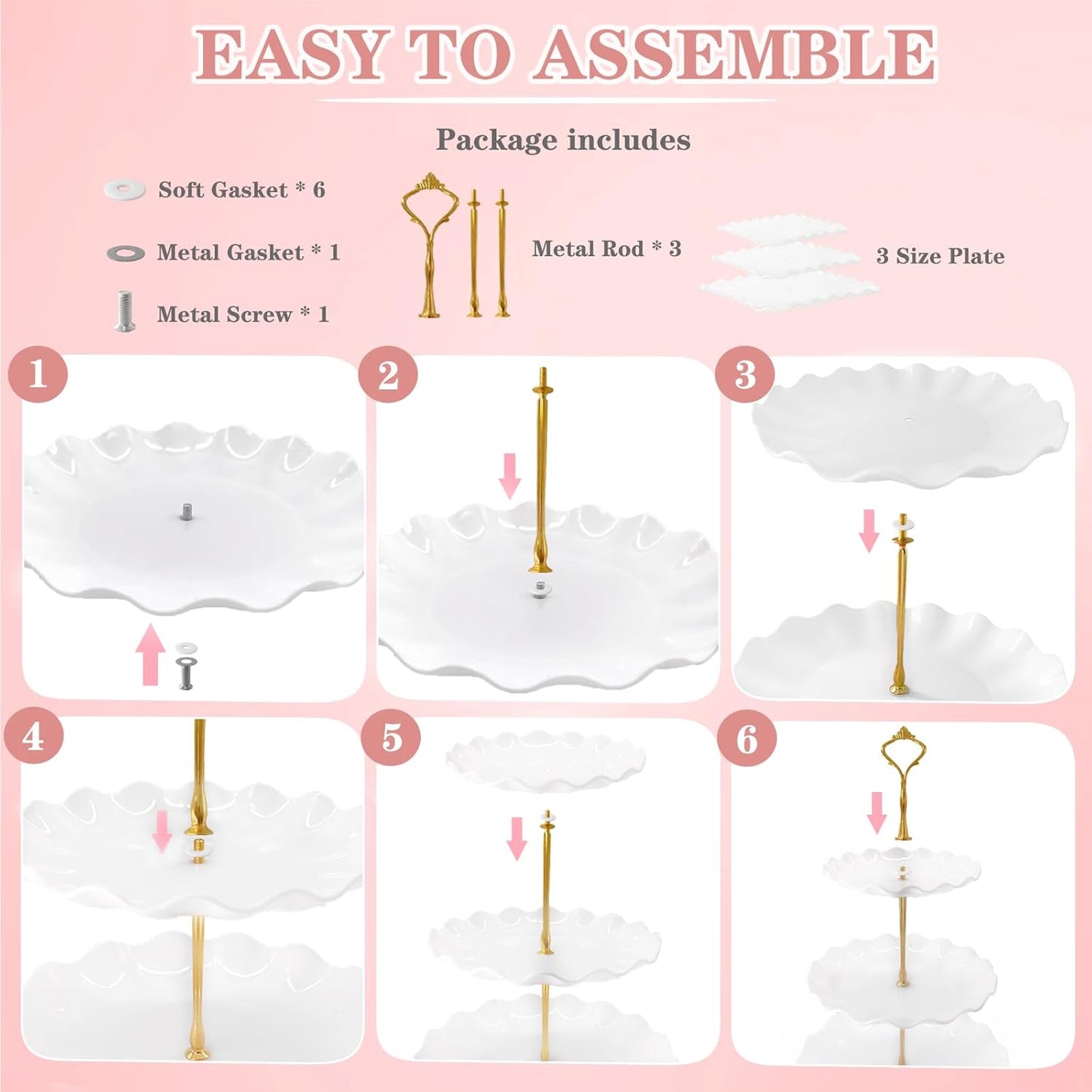 5 Pcs Dessert Table Display Set, White Plastic 2 Pcs Square 3 Tier Cupcake Stand Cup Cake Tower Stand with Metal Rod & 3 Pcs Serving Tray for Baby Shower, Tea Party, Wedding, Birthday Party