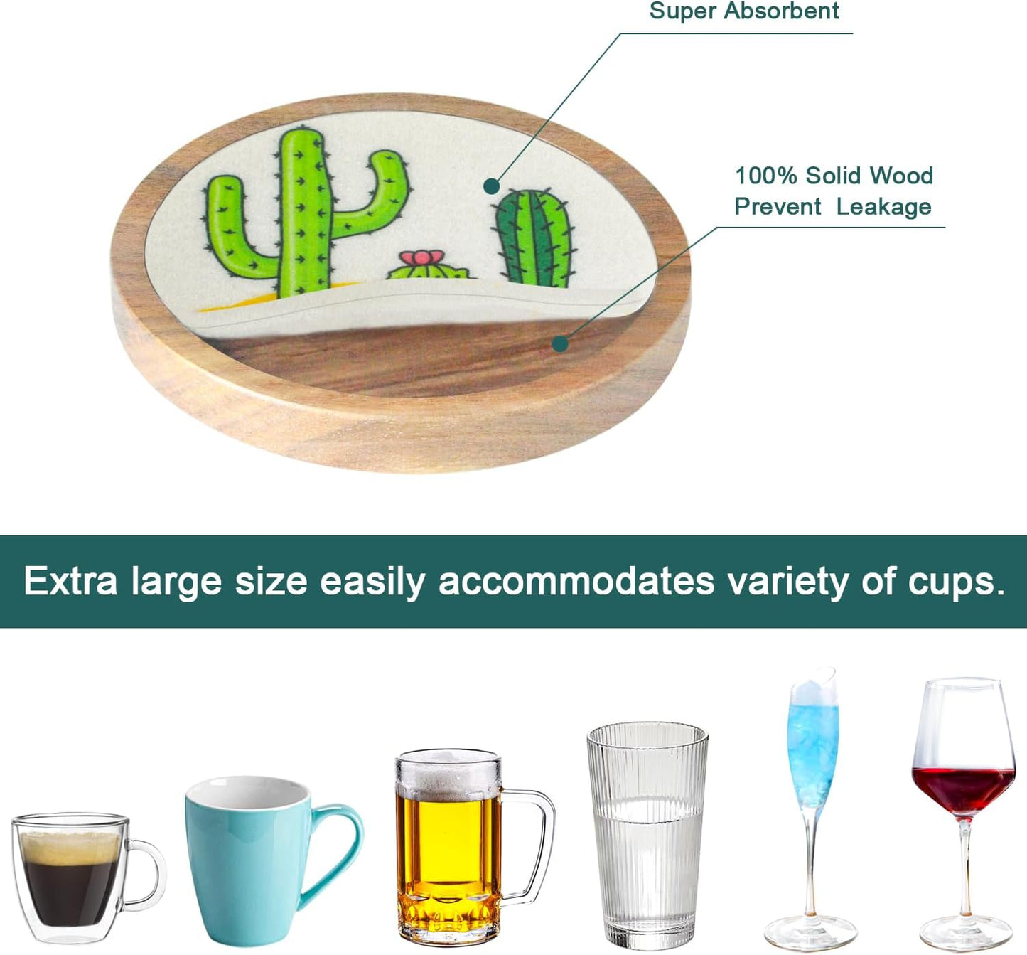 Cactus Coasters for Drinks, Minacun Absorbent Coaster Set of 5, Funny Coasters for Coffee Tabletop Protection, Unique Gift for Home, Office, Bar Decor, 4.3 Inches