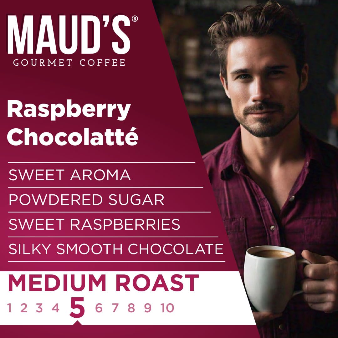 Maud's Raspberry Chocolate Flavored Coffee Pods, 50 ct, Medium Roast Flavored Coffee in Recyclable Single Serve Pods – 100% Arabica Beans, Compatible with Keurig K Cups Maker