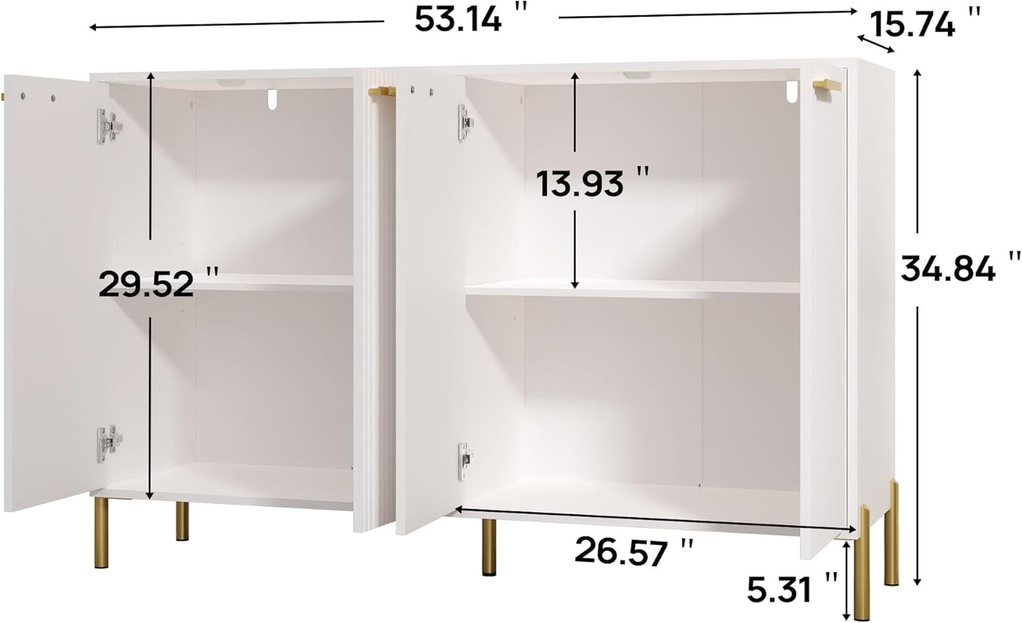 White Fluted Sideboard Cabinet - Luxury Buffet Table with 4 Doors, Large Coffee Bar Station for Living Room, Kitchen, Hallway, Entryway Storage