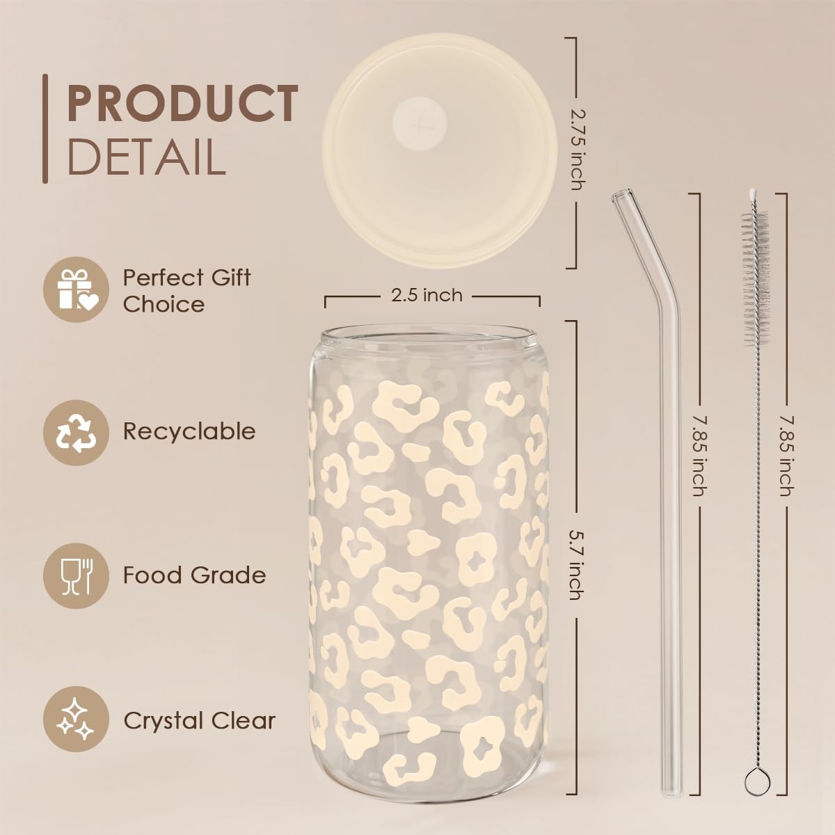 SANDJEST Leopard Glass Can, Beige Leopard Print Cup with Lid & Straw, Iced Coffee Aesthetic Cups, Gift for Christmas Birthday Mother Day, Gifts for Women, 16oz