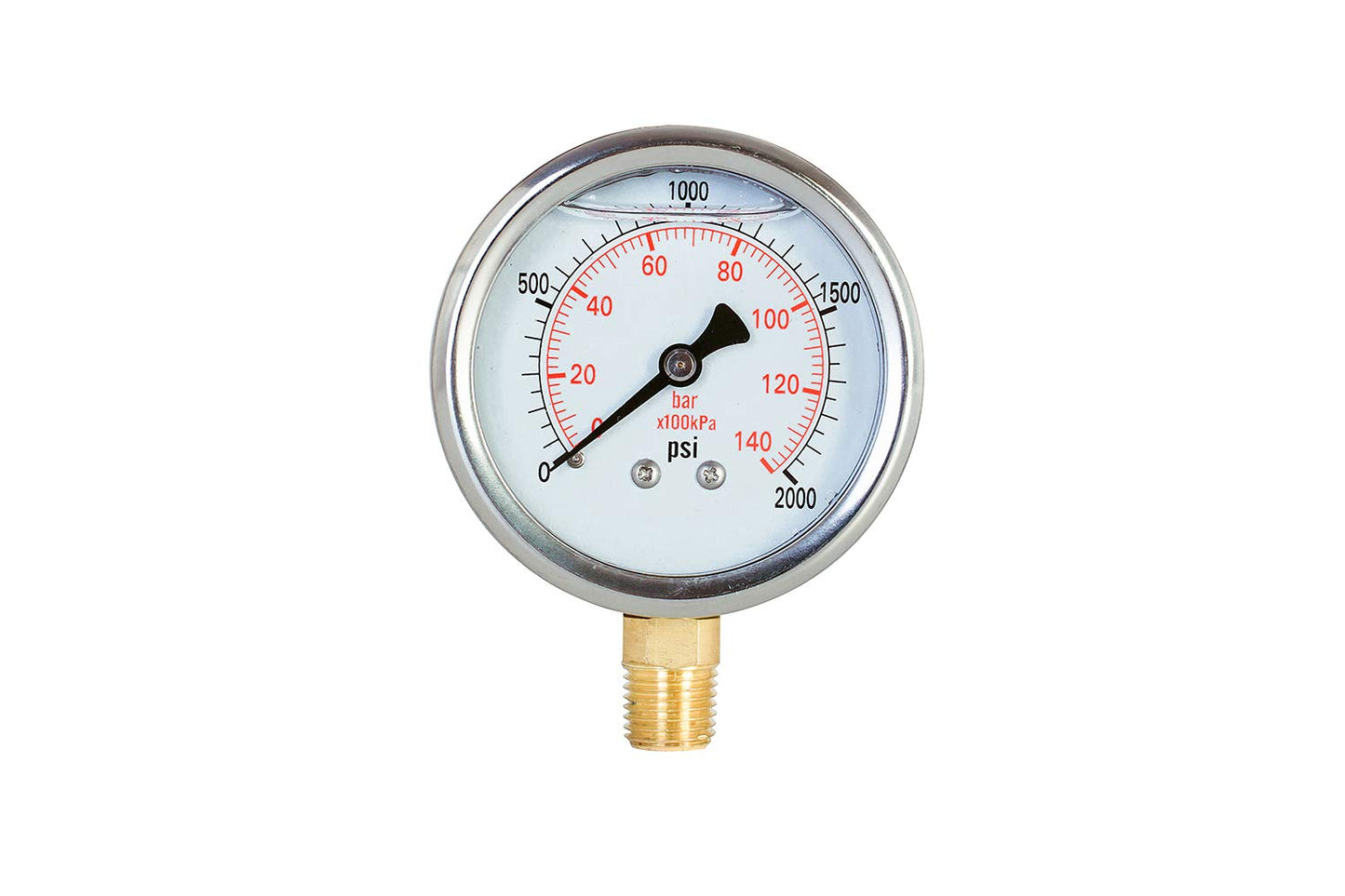 Pressure Gauge,Glycerin Liquid Filled,2.5" Dual Scale Dia,0-2000 psi/bar/kpa,1/4" NPT Male Brass Connection,Lower Mount, Stainless Steel Case,for Pneumatic,Pump,Hose,Well Tank,Gas Air Water Oil