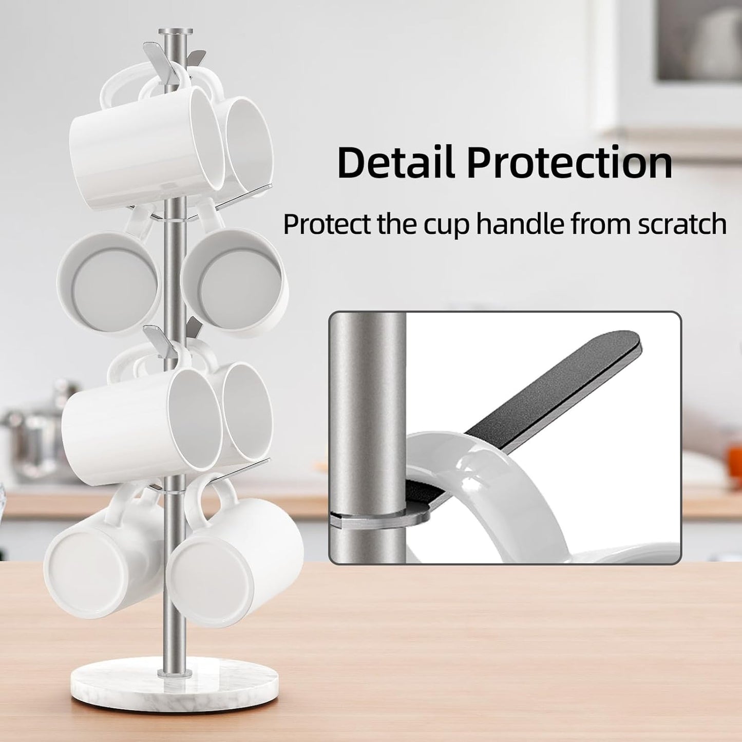 Marble Mug Holder Tree, 8 Hooks Brushed Nickel Coffee Cups Stand, New Upgraded Stable Mug Stand for Kitchen Counter Cabinet Cafe
