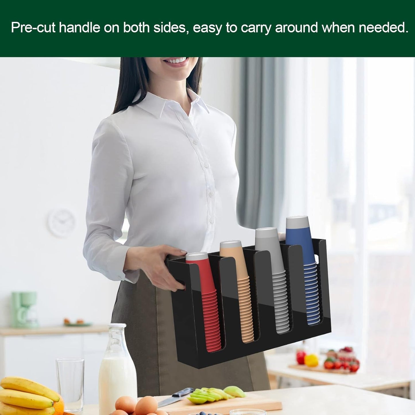 Disposable Coffee Cup Dispenser with Handles, Countertop or Wall Mount Hot/Cold Drink Cup and Lid Holder - Bathroom/Kitchen/Office Acrylic Cup Lid Storage Organizer (4 Compartments, Black)