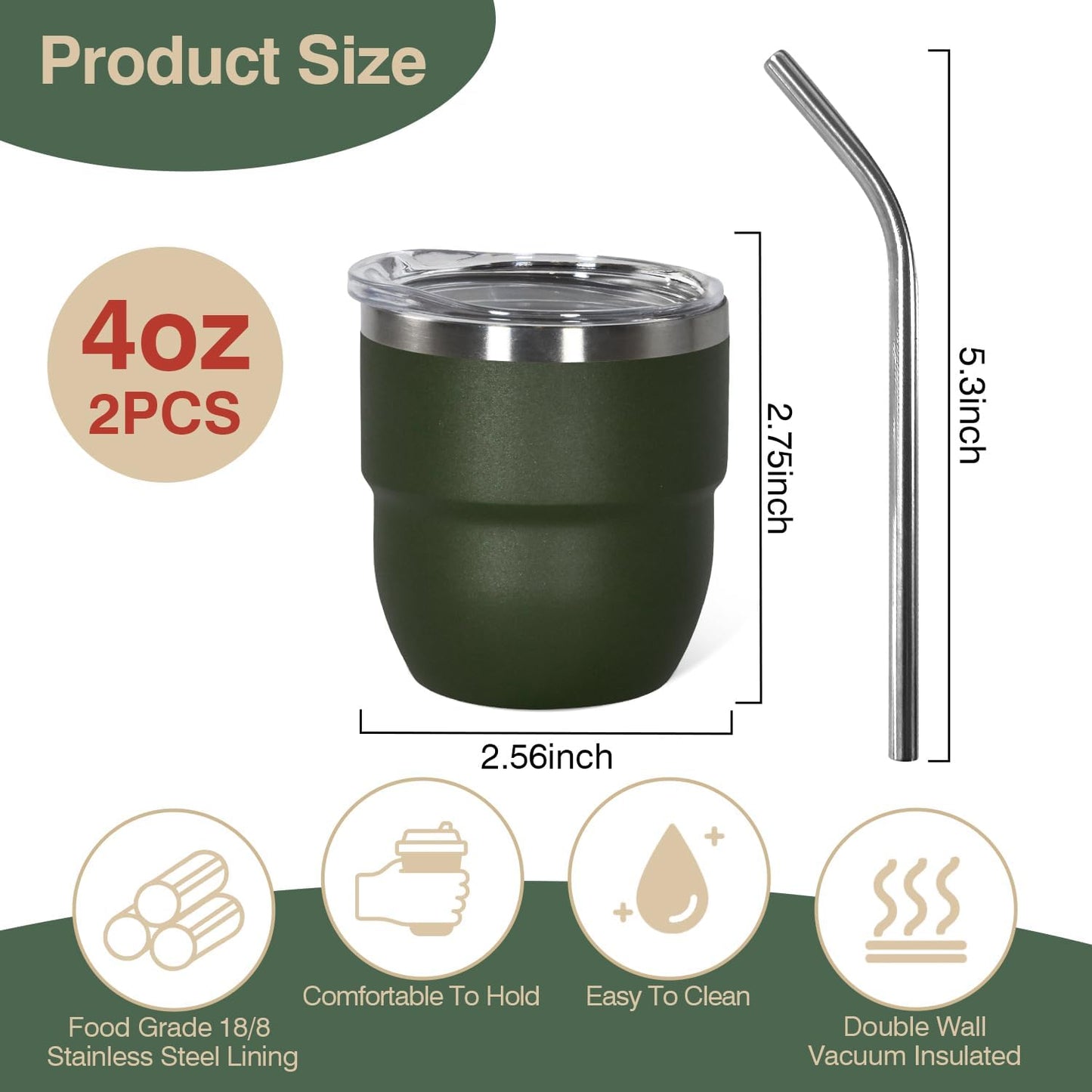 4oz Stackable Cup, Vacuum Insulated Espresso Cup Set of 2, Espresso Shot Glass for Coffee, Double Wall Stainless Steel Mini Tumbler Shot Glasses with Straw and Lid (A-green2P, 4oz)