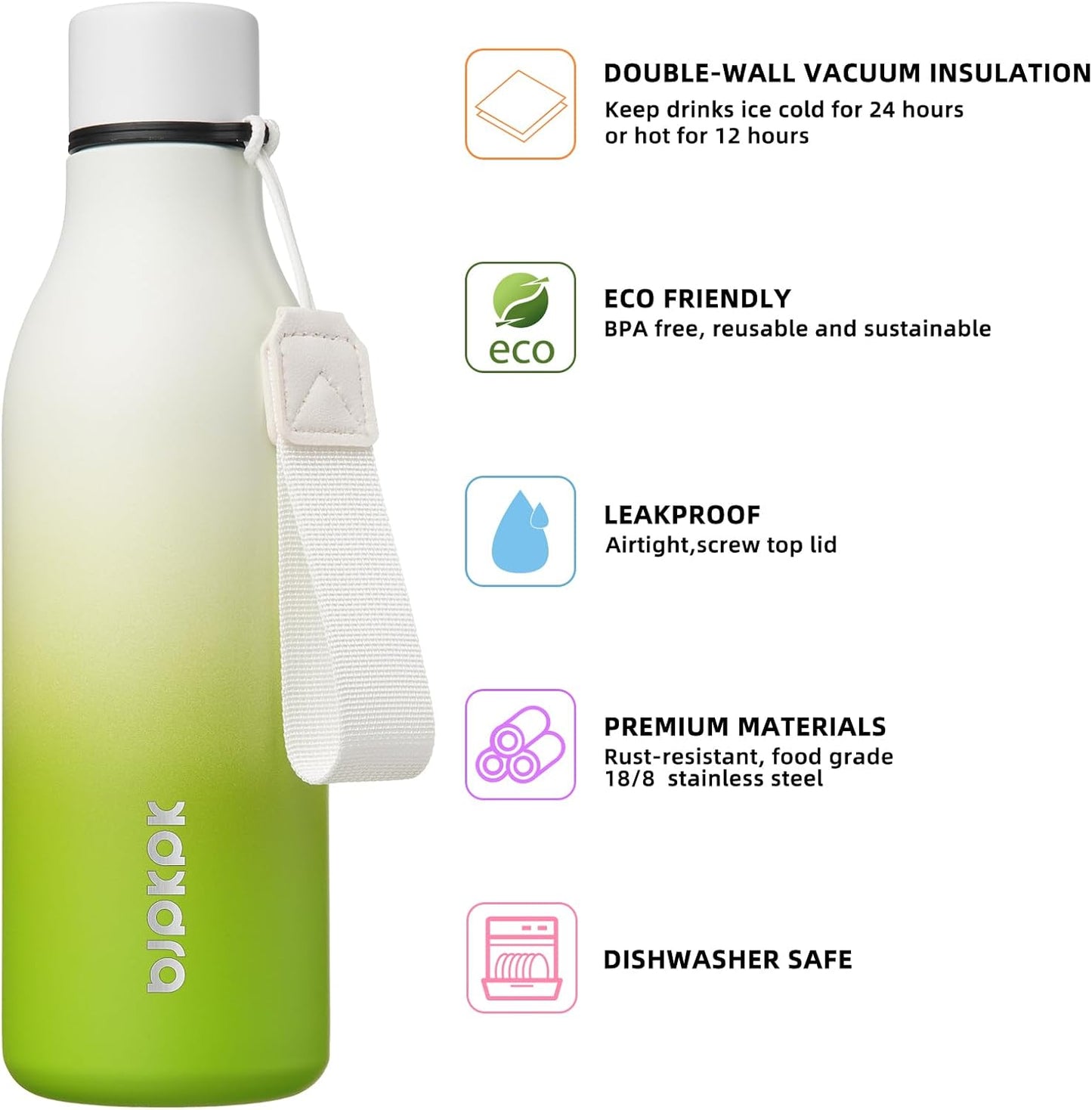 BJPKPK Insulated Water Bottles, 18 oz Stainless Steel Metal Water Bottle with Strap, BPA Free Leak Proof Thermos, Mugs, Flasks, Reusable Water Bottle for Sports & Travel, Elegant Green