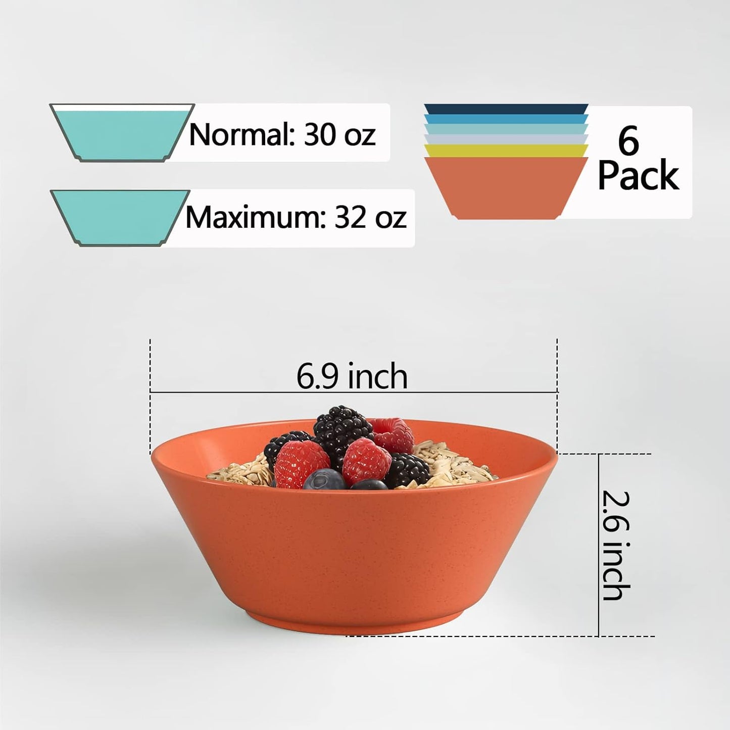 Unbreakable Large Cereal Bowls Set of 6, 32 Ounce BPA-Free Microwave and Dishwasher Safe Salad Bowls, Stackable Color Kitchen Set for Serving, Soup, Oatmeal, Pasta, Noodles - 6 Colors