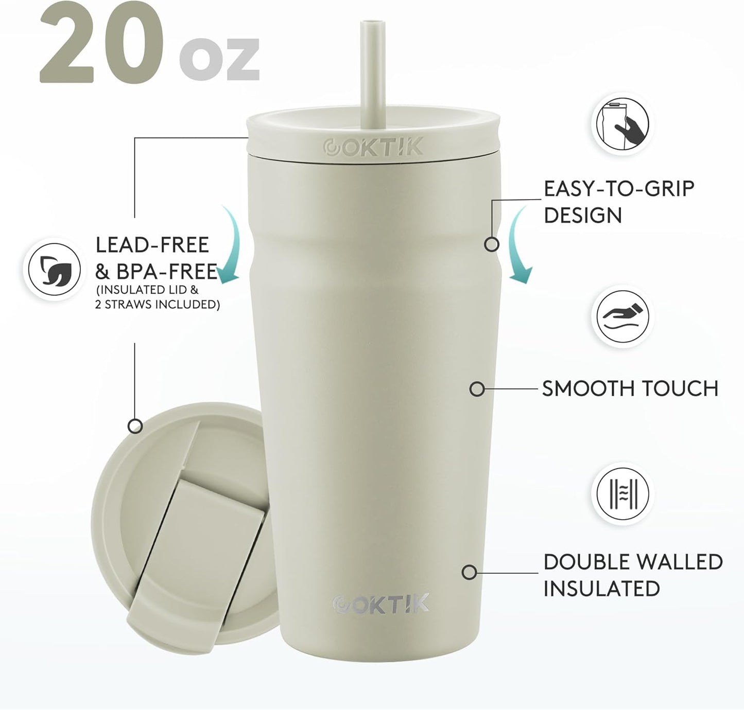 COKTIK 20oz Insulated Tumbler with Lid and Straw 2 Lids (Straw/Flip) Iced Coffee Cup Reusable Stainless Steel Travel Mug Water Bottle Cupholder Friendly for Women Men Her Him (Almond Birch)