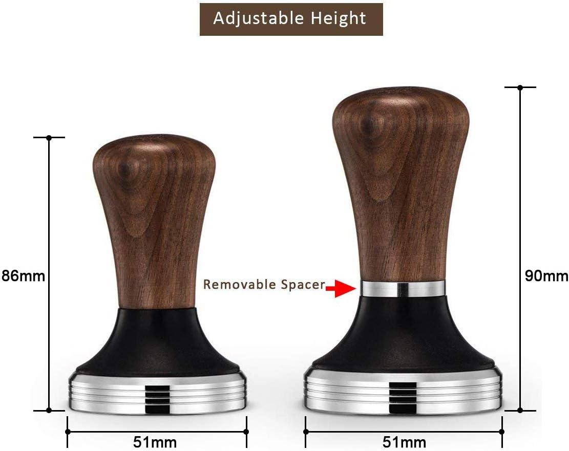 Diguo Elegance Wooden Coffee Tamper for 51mm Portafilter. Stainless Steel Flat with Height Adjustable Wooden Handle
