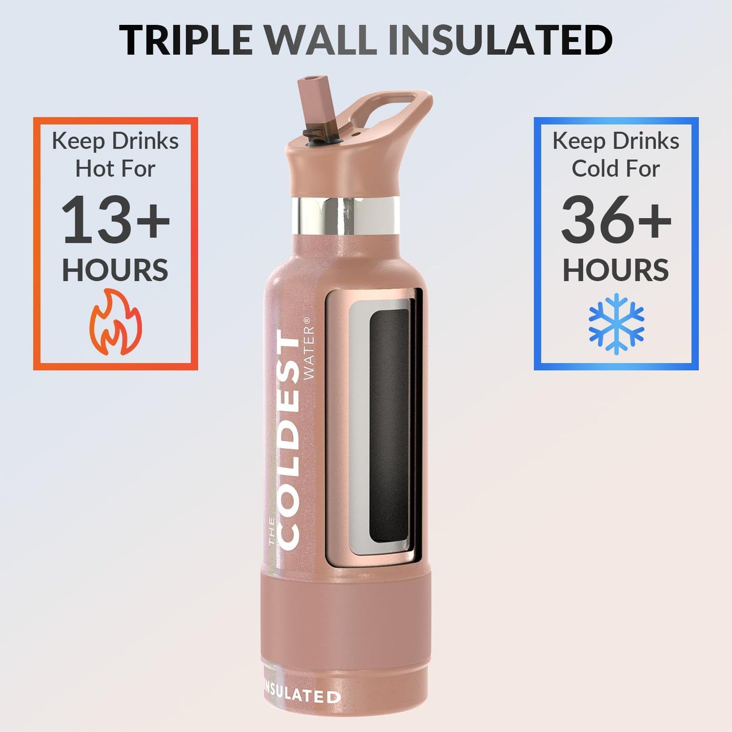 Coldest Insulated Water Bottle with Straw Lid - Stainless Steel Metal Insulated Bottle for Men & Women (Rose Gold Glitter, 21 oz)