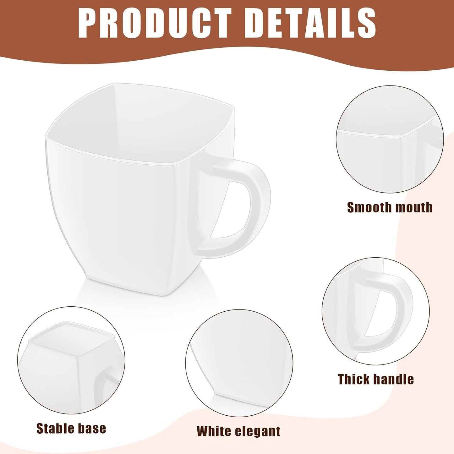 Amyhill 100 Pcs Disposable Tea Cups Mini Plastic Tea Cup Bulk with Handle Hard Plastic Coffee Mug Disposable Square Espresso Mug for Party Catering (White)