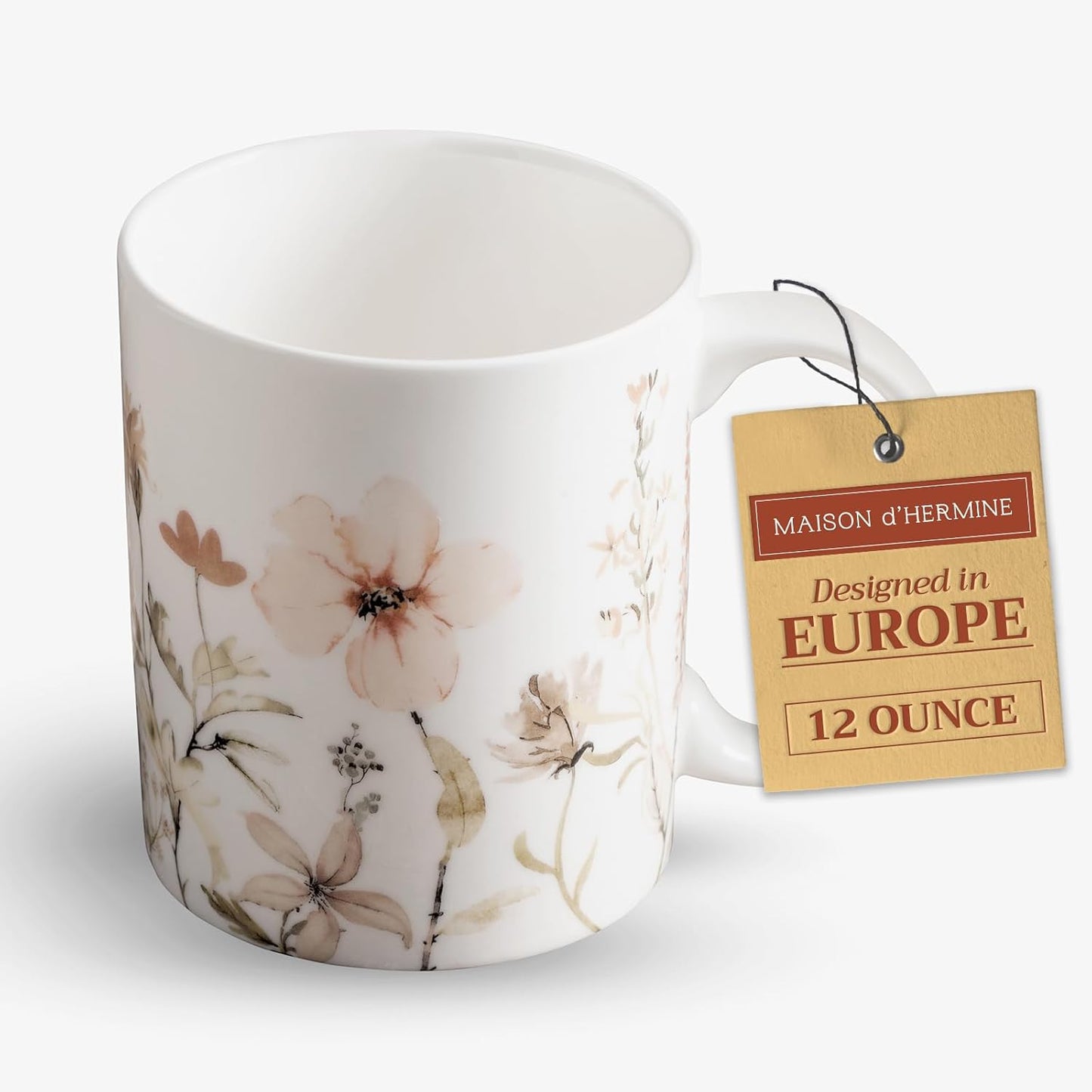 Maison d' Hermine Coffee Mug with Handles Fine Bone China Mugs Pack of One Tea Cups for Hot Beverages Cappuccino Latte Home Office Perfect for Gift (Ice Florals - Romantic Morning, 12 Ounce)