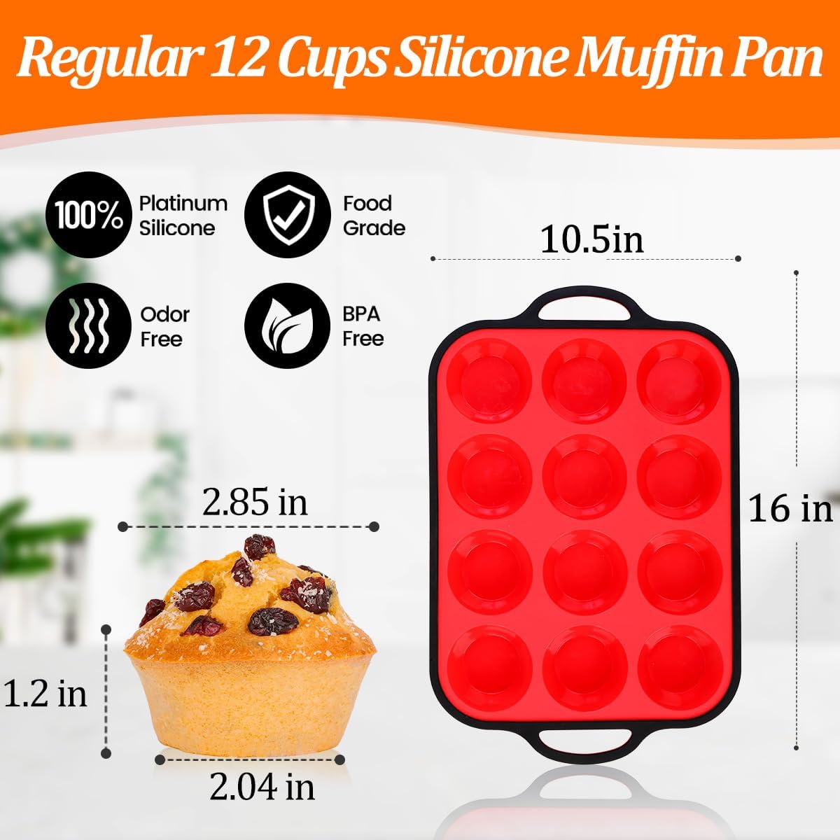 CAKETIME Silicone Muffin Pan with Metal Reinforced Frame Regular Size Muffin Pan with Handle Easy to Move 12 Cups for Baking Nonstick Muffin Tin BPA Free 1 Pack