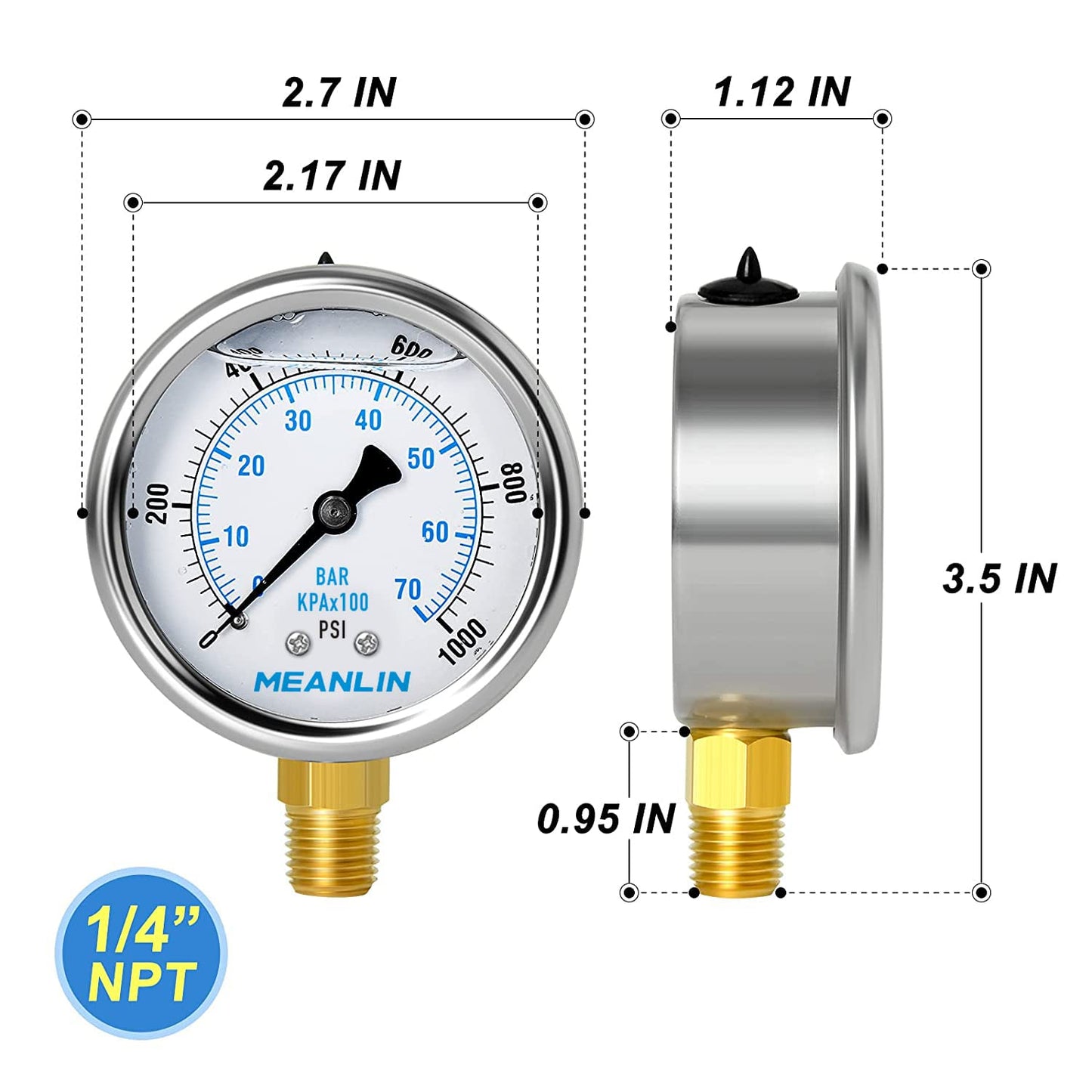 MEANLIN MEASURE 0~1000Psi Stainless Steel 1/4" NPT 2.5" FACE DIAL Liquid Filled Pressure Gauge WOG Water Oil Air Lower Mount, with 1/4" x 1/2" NPT and 1/4" x 3/8" NPT Hex Bushing