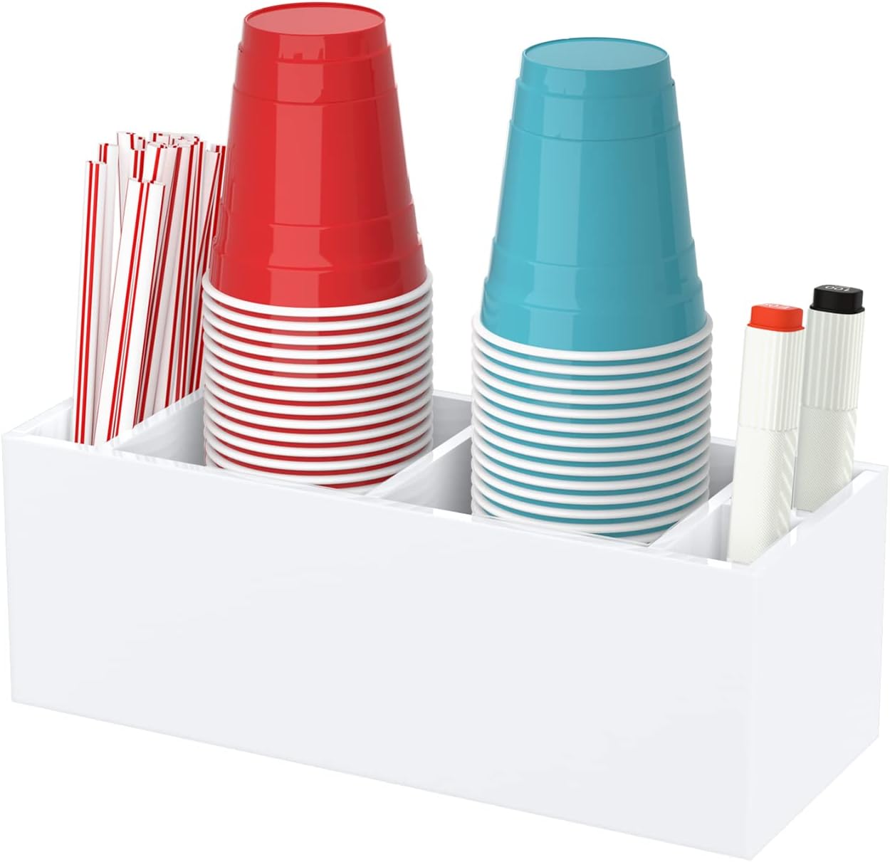 Double Cup Holder with Marker Slot, Party Cup Dispenser Acrylic Cup Organizer Mark Your Cup and Drink Up Caddy Modern Bar Counter Decor, White