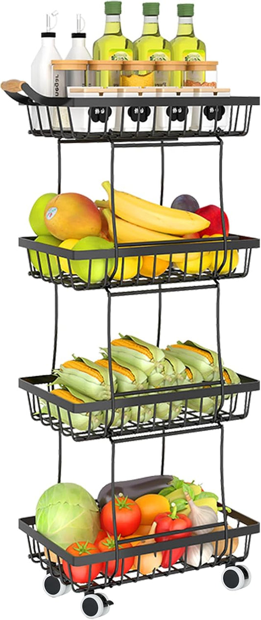 Fruit Vegetable Storage Basket for Kitchen - 4 Tier Slim Stackable Metal Wire Basket Cart with Rolling Wheels Utility Rack Onions Potatoes Organizer Bins for Kitchen Pantry Black